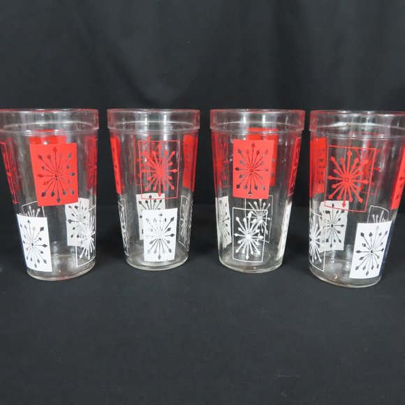 Set of 4 Vintage McM Starburst Hazel Atlas Red and White Design Drinking Glasses - Picture 1 of 12